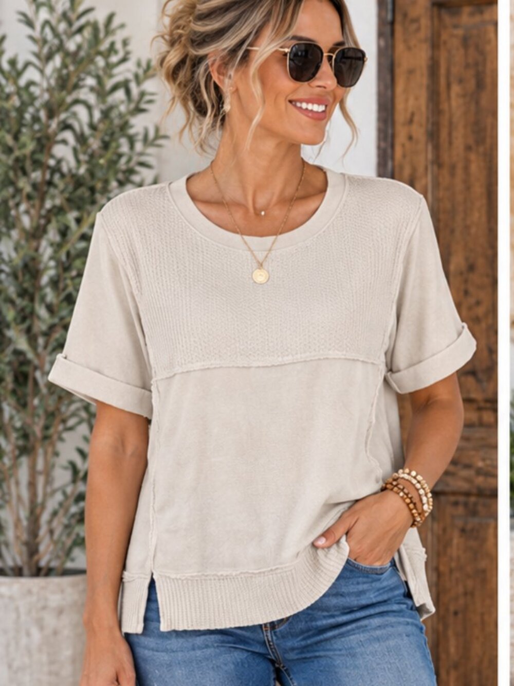 Easel Cream Waffle Knit French Terry Short Sleeve Sweatshirt Tee Patchwork Small